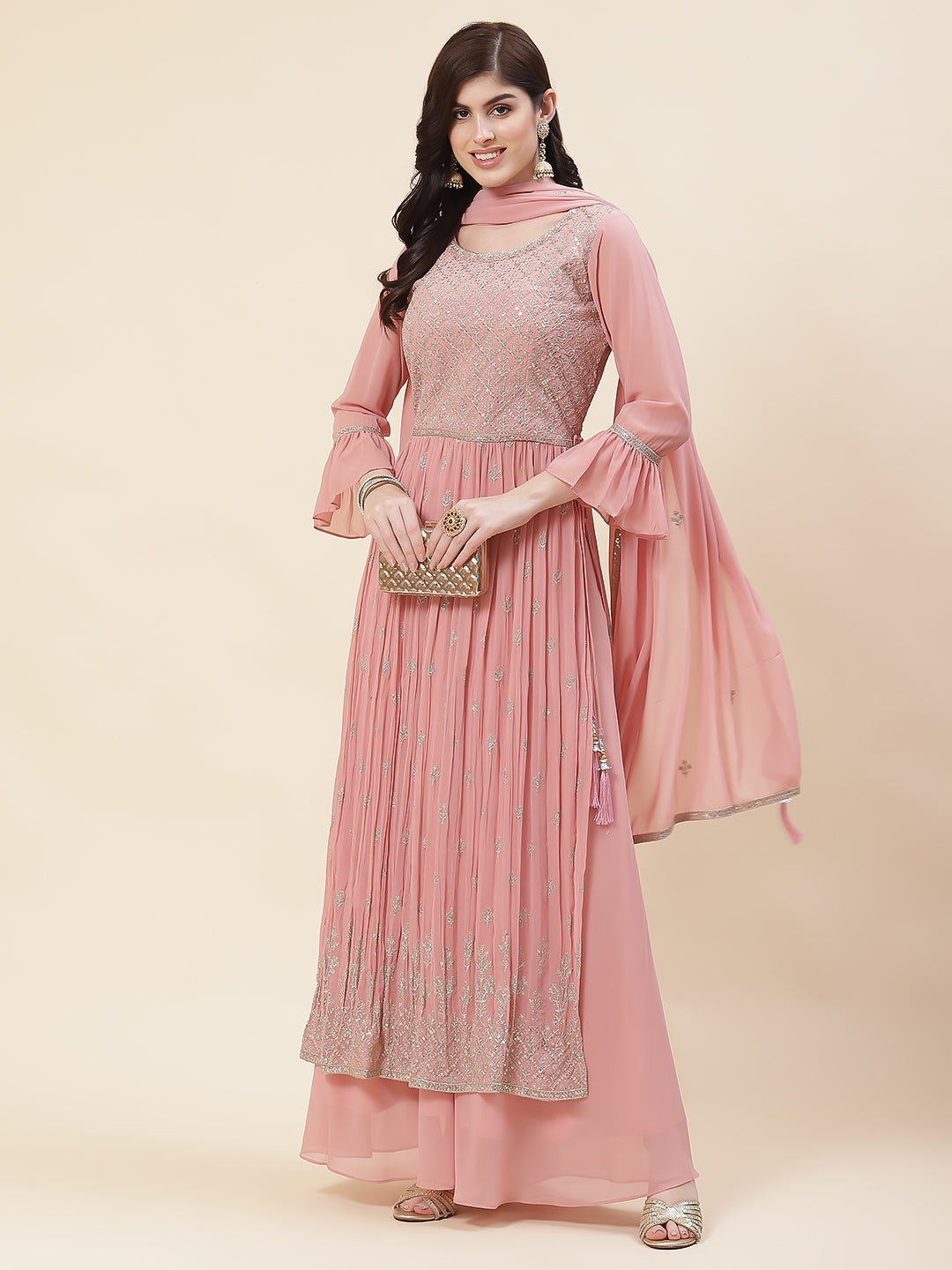 Zari Embroidered Booti Georgette Kurta With Palazzo &amp; Dupatta