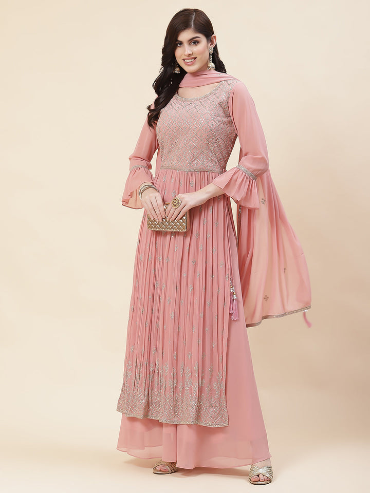 Zari Embroidered Booti Georgette Kurta With Palazzo &amp; Dupatta