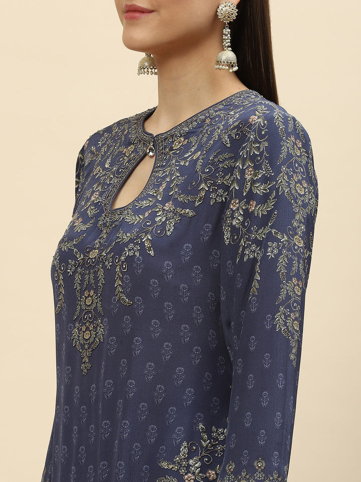Digital Printed Crepe Kurta With Sharara &amp; Net Dupatta