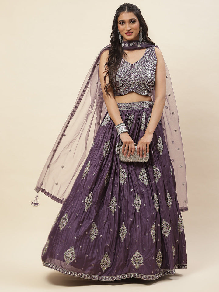 All Over Embroidered Crepe Choli With Lehenga &amp; Dupatta