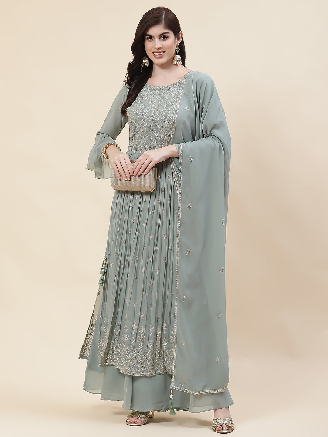 Zari Embroidered Booti Georgette Kurta With Palazzo &amp; Dupatta