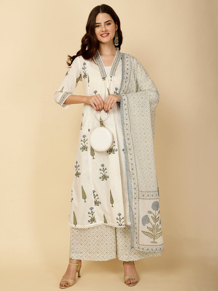Block Printed Cotton Kurta With Palazzo &amp; Dupatta