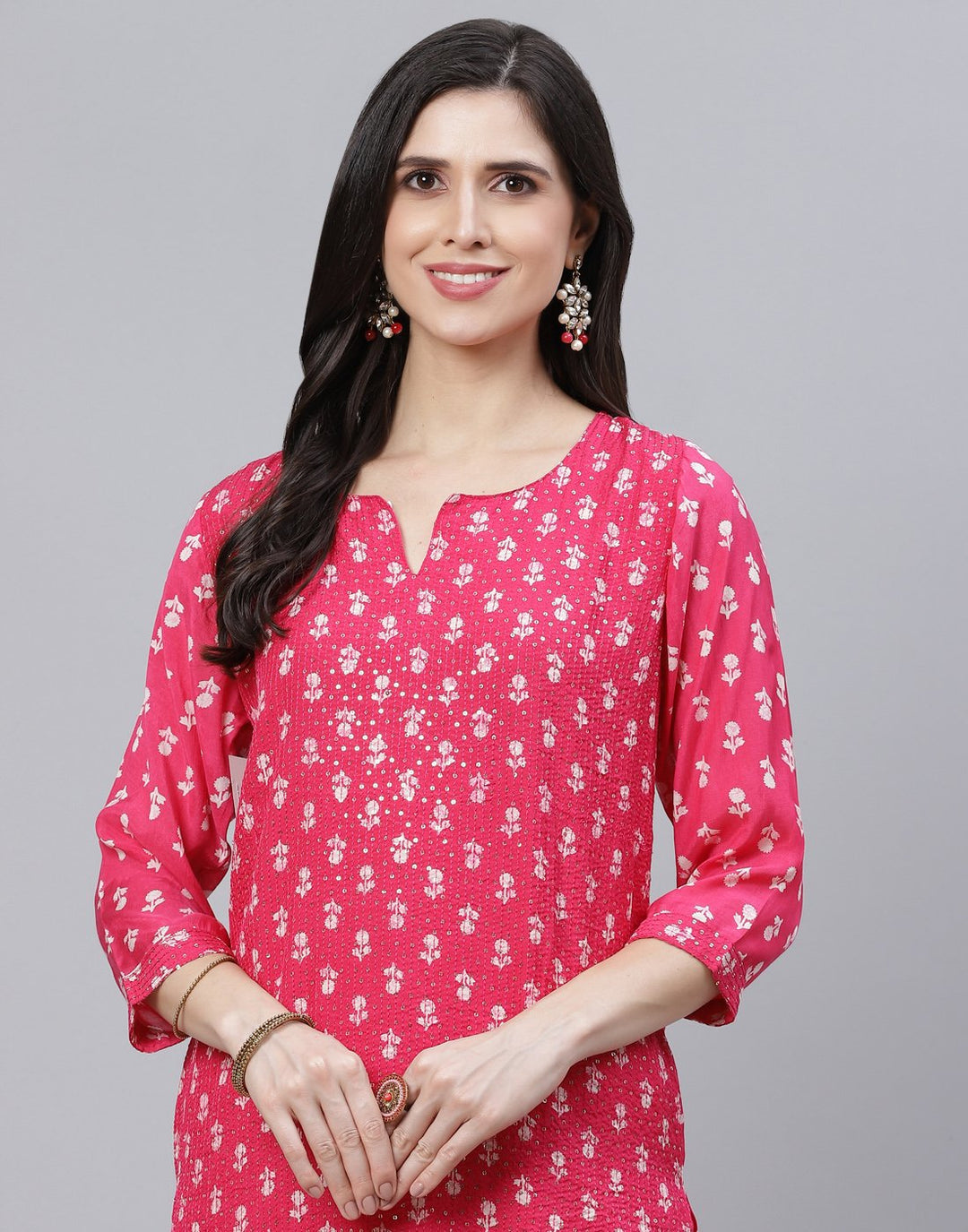Printed Cotton Kurti Pant Set with Sequin Detail