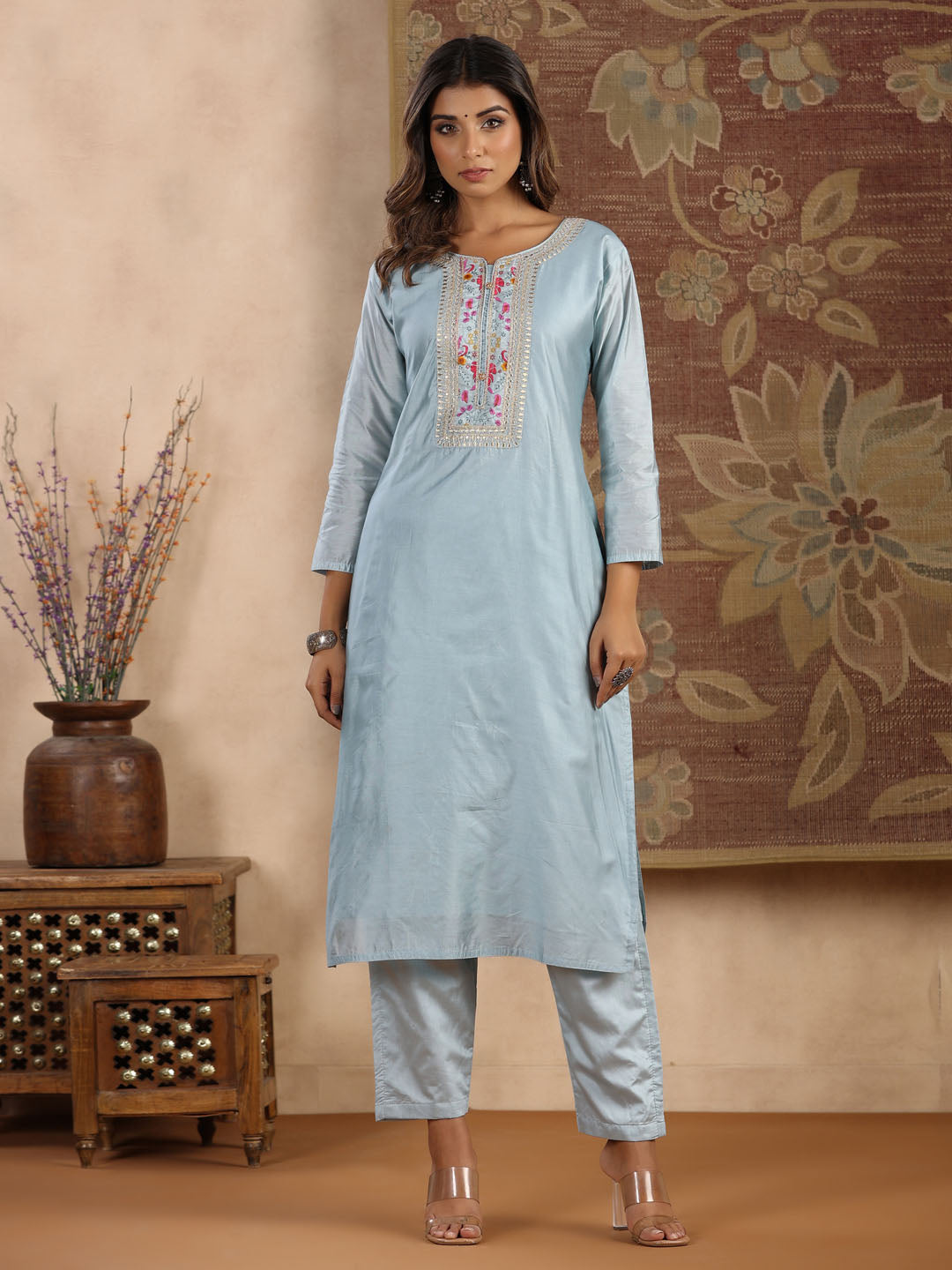 Neck Embroidered Chanderi Kurta With Pants &amp; Dupatta