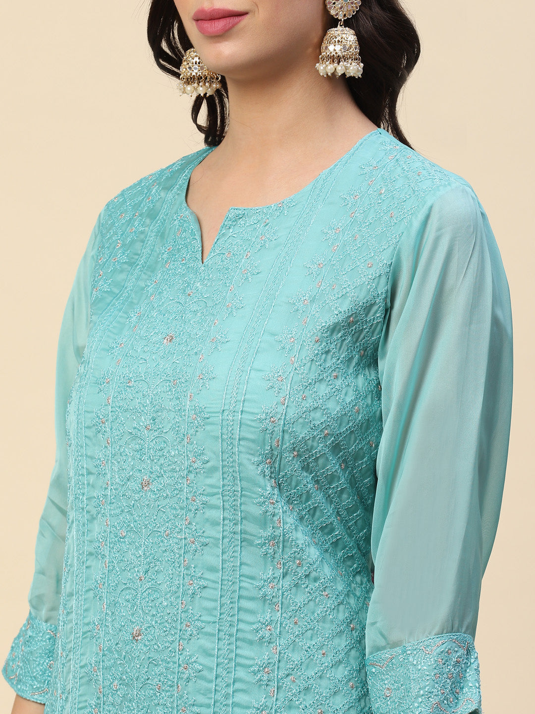 Resham Embroidered Booti Organza Kurta With Pants &amp; Dupatta