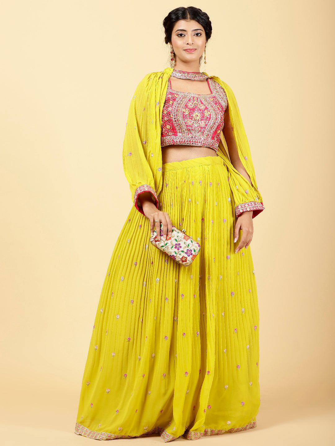 Embroidered Georgette Choli With Lehenga &amp; Cape