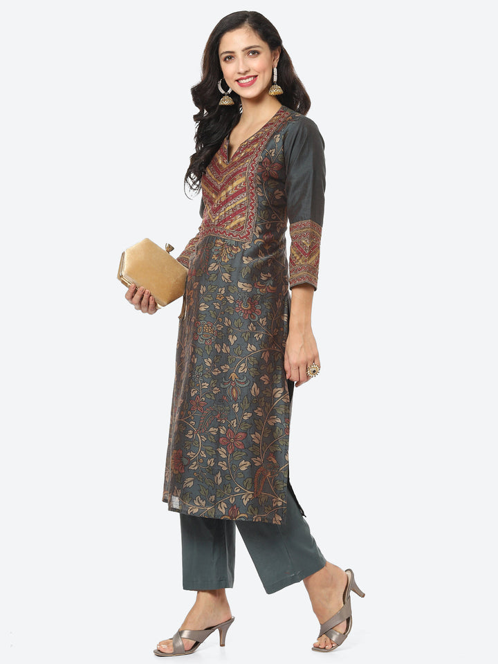 Floral Printed Chanderi Kurti With Pant