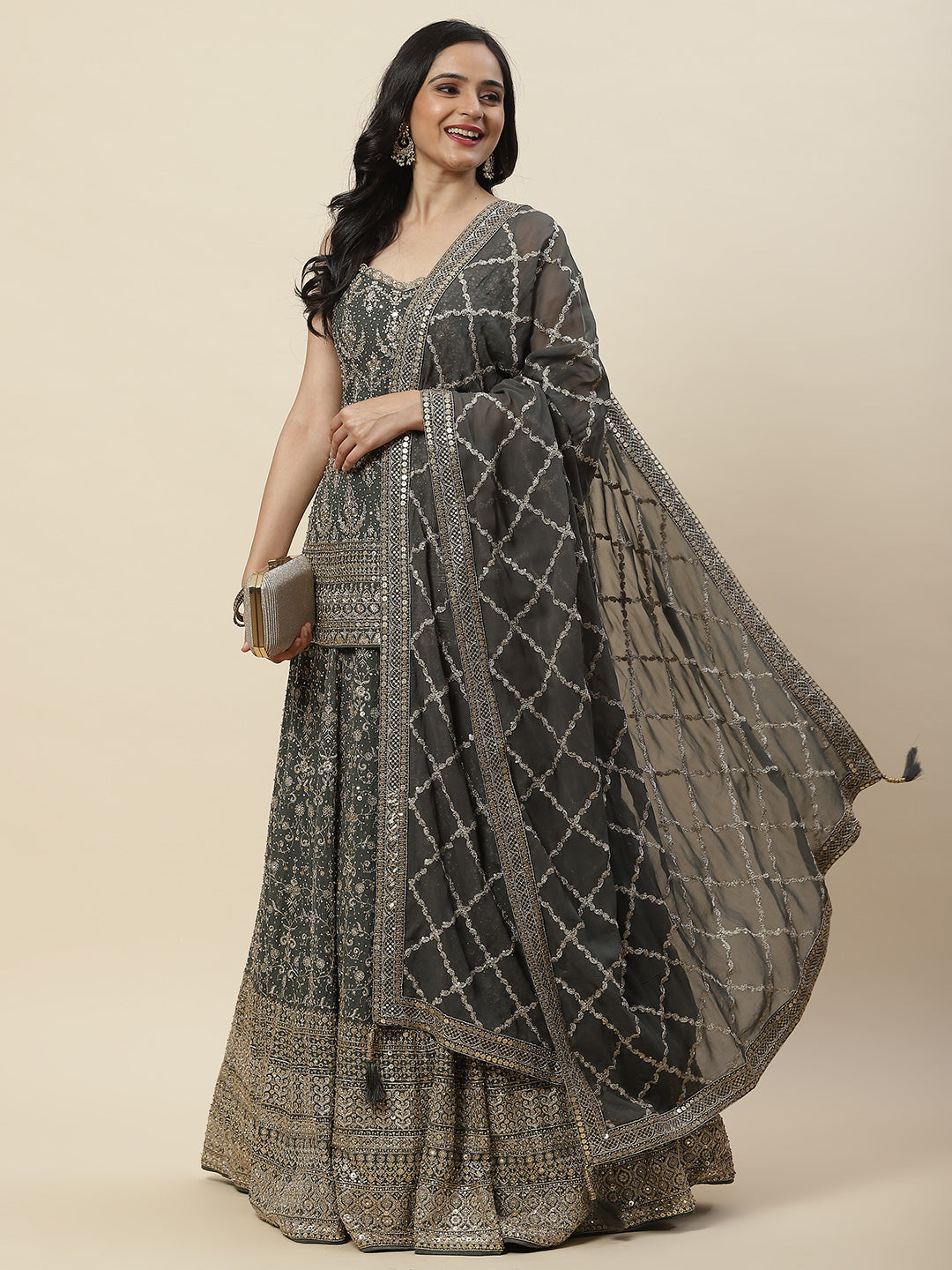 Sequence Embroidered Georgette Choli With Lehenga &amp; Dupatta