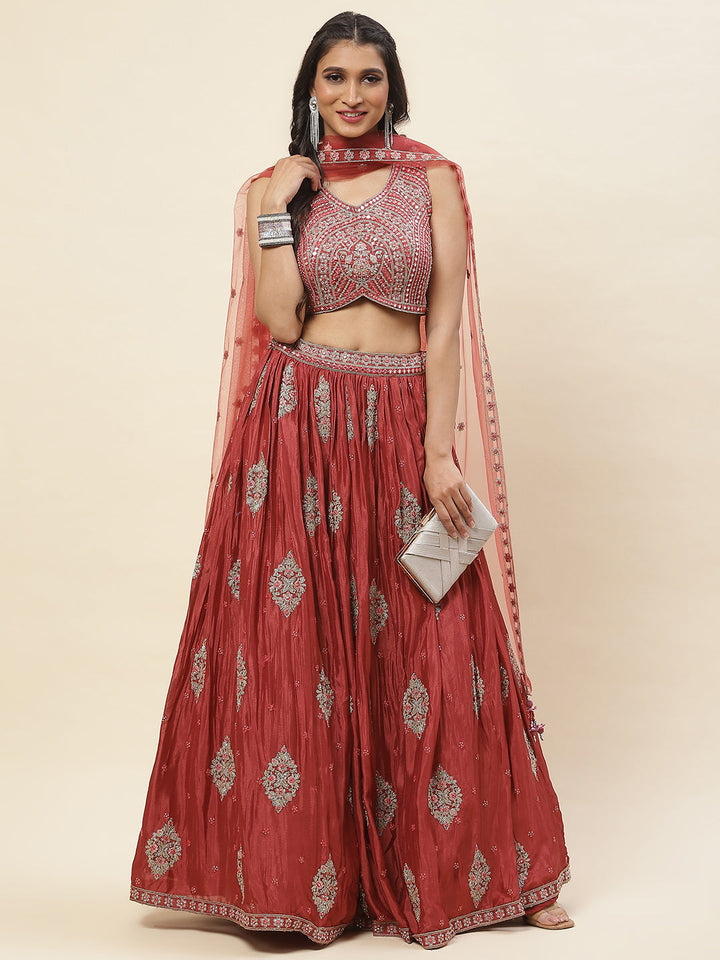 All Over Embroidered Crepe Choli With Lehenga &amp; Dupatta