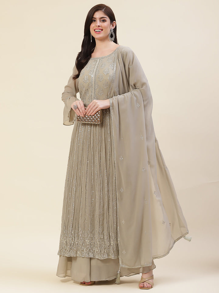 Sequin Embroidered Booti Georgette Kurta With Palazzo &amp; Dupatta