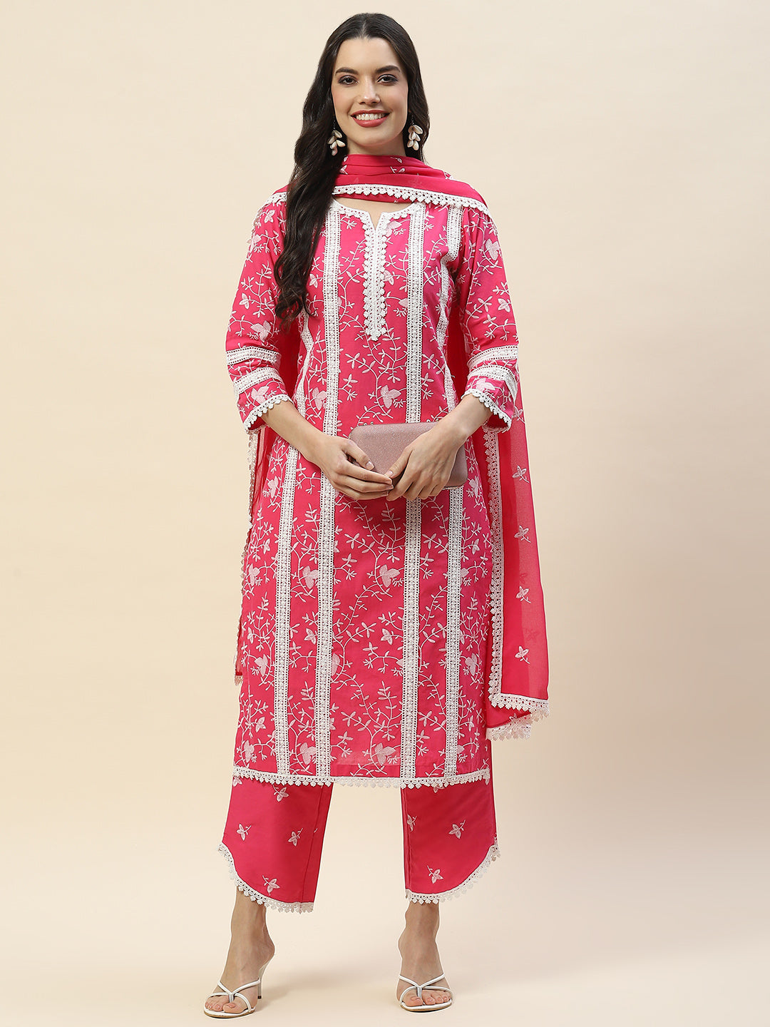 Printed &amp; Embroidered Cotton Suit Set With Dupatta