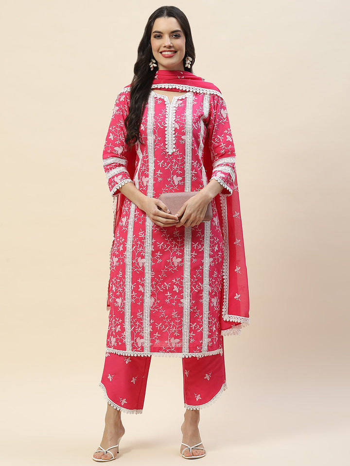 Printed &amp; Embroidered Cotton Suit Set With Dupatta