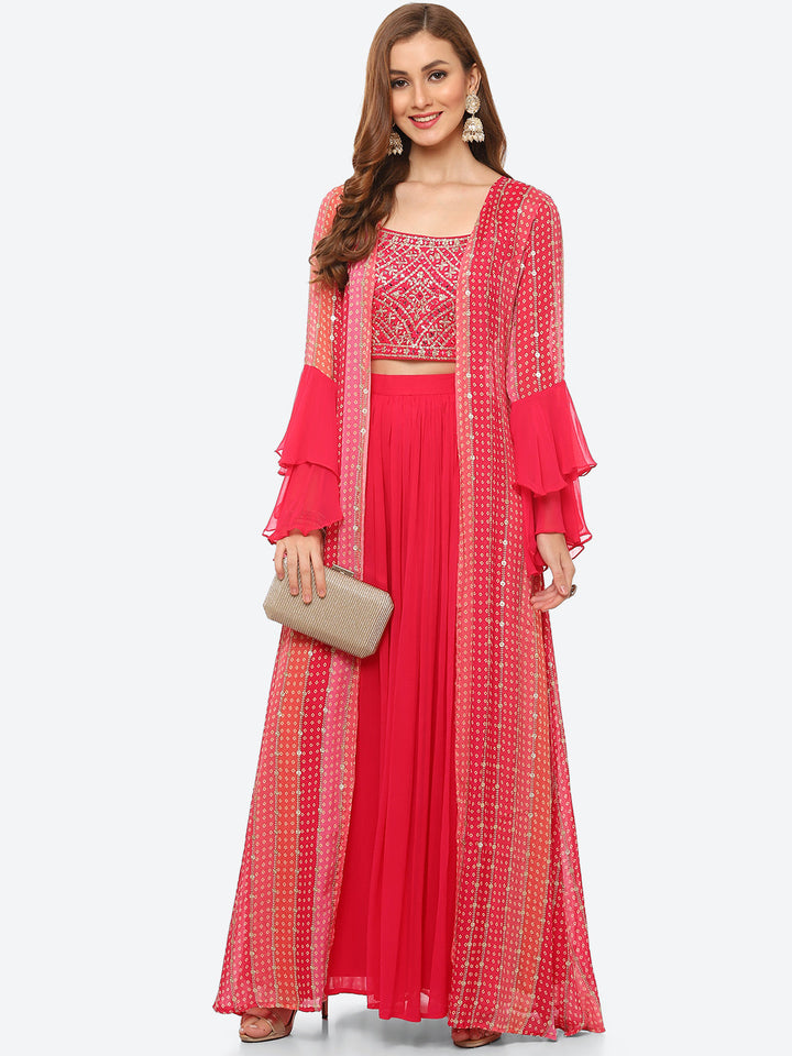 Zari Embroidered Booti Georgette Crop Top With Palazzo &amp; Jacket