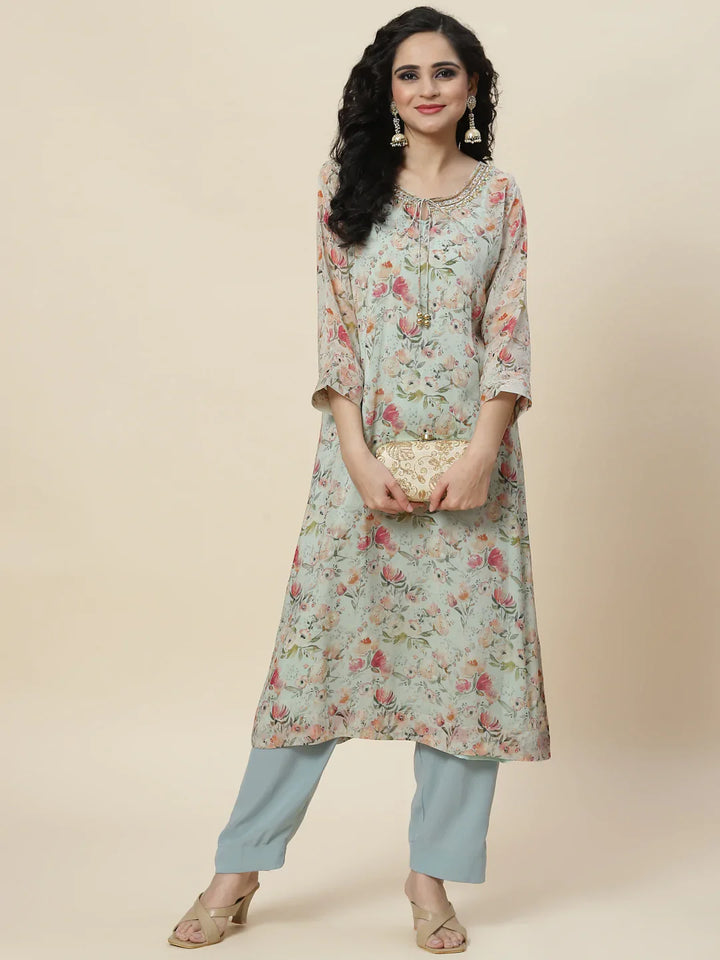 Floral Printed Organza Kurta With Palazzo &amp; Inner