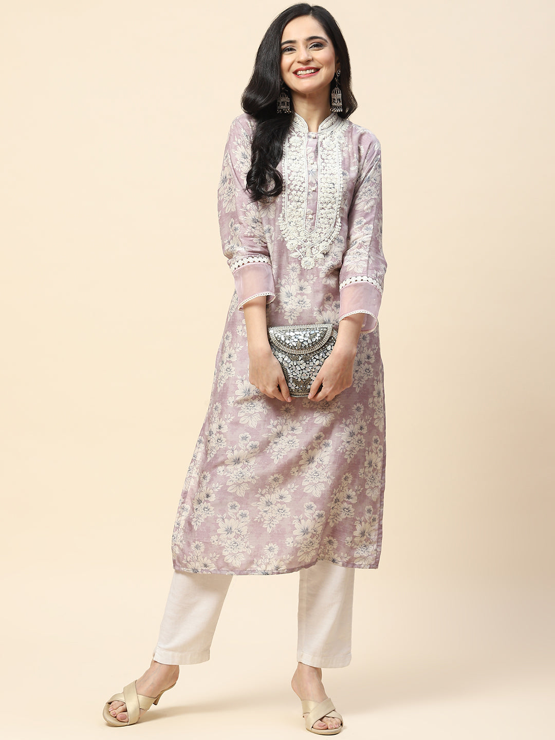 Printed With Resham Neck Embroidered Cotton Kurta
