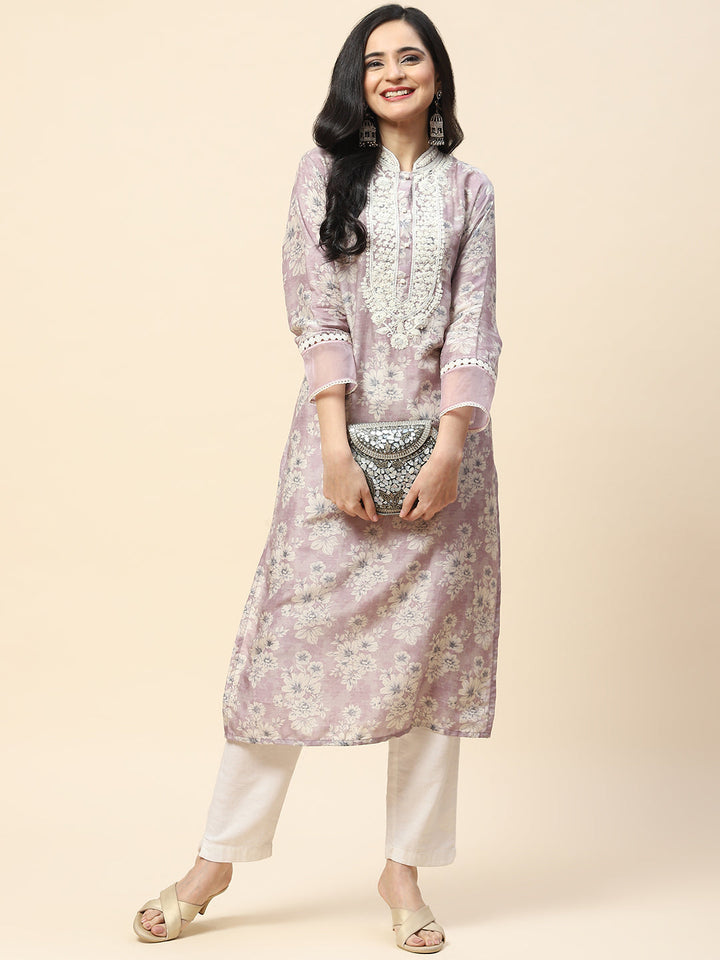 Printed With Resham Neck Embroidered Cotton Kurta