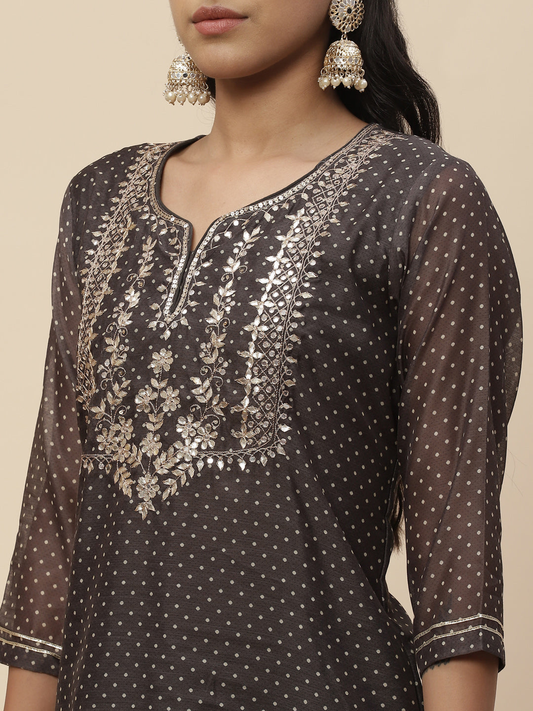 Zari Neck Embroidered Chanderi Kurta With Pants &amp; Dupatta