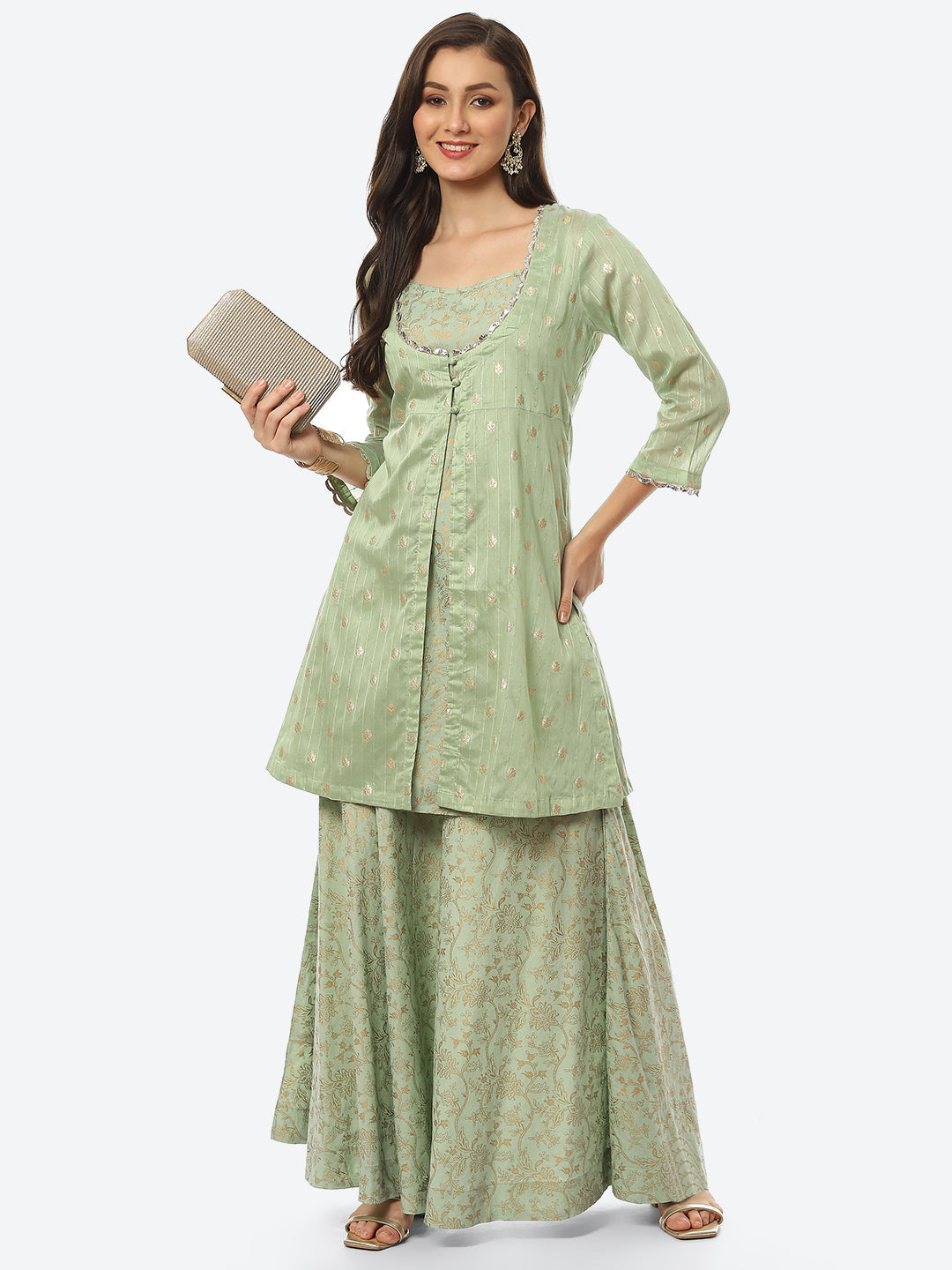 Printed Chanderi Kurta With Skirt &amp; Jacket
