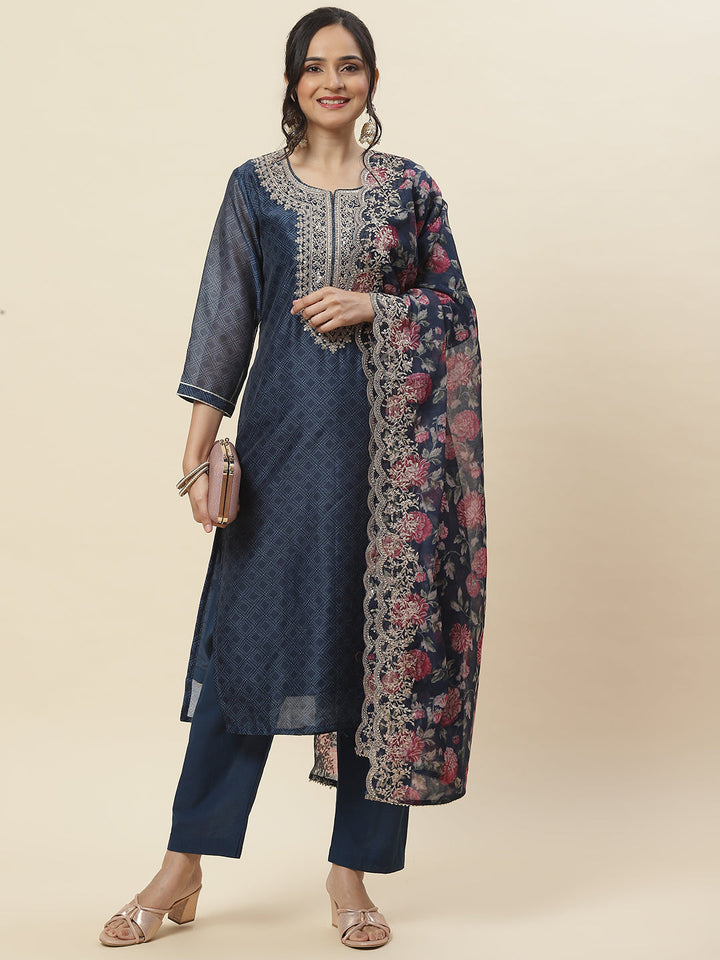 Printed &amp; Neck Embroidered Chanderi Kurta With Pants &amp; Dupatta