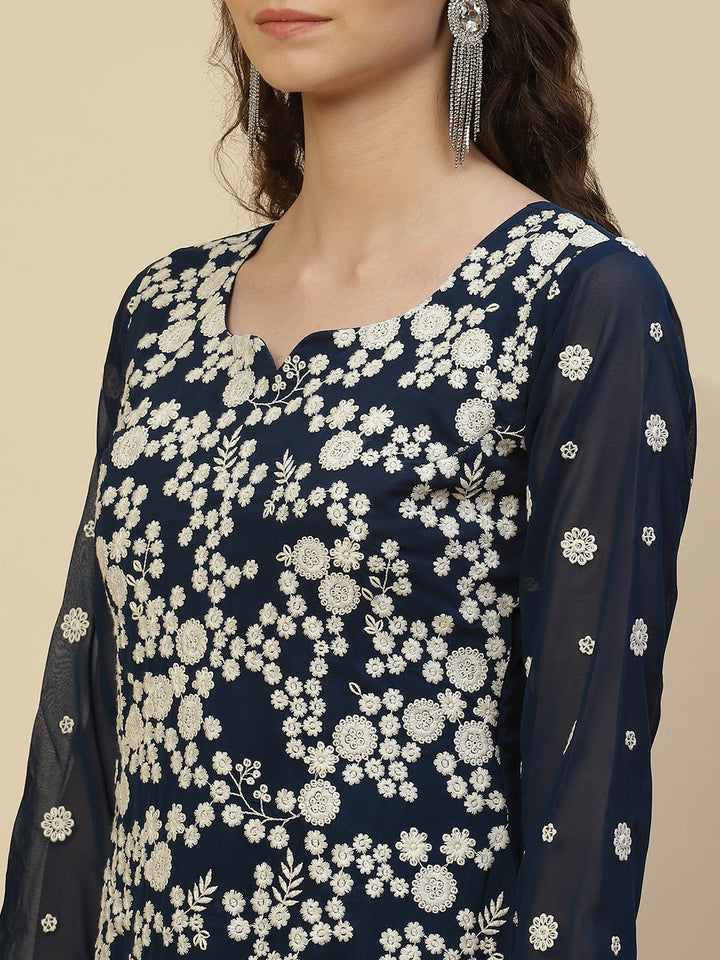 Resham Embroidered Georgette Kurta With Garara &amp; Dupatta