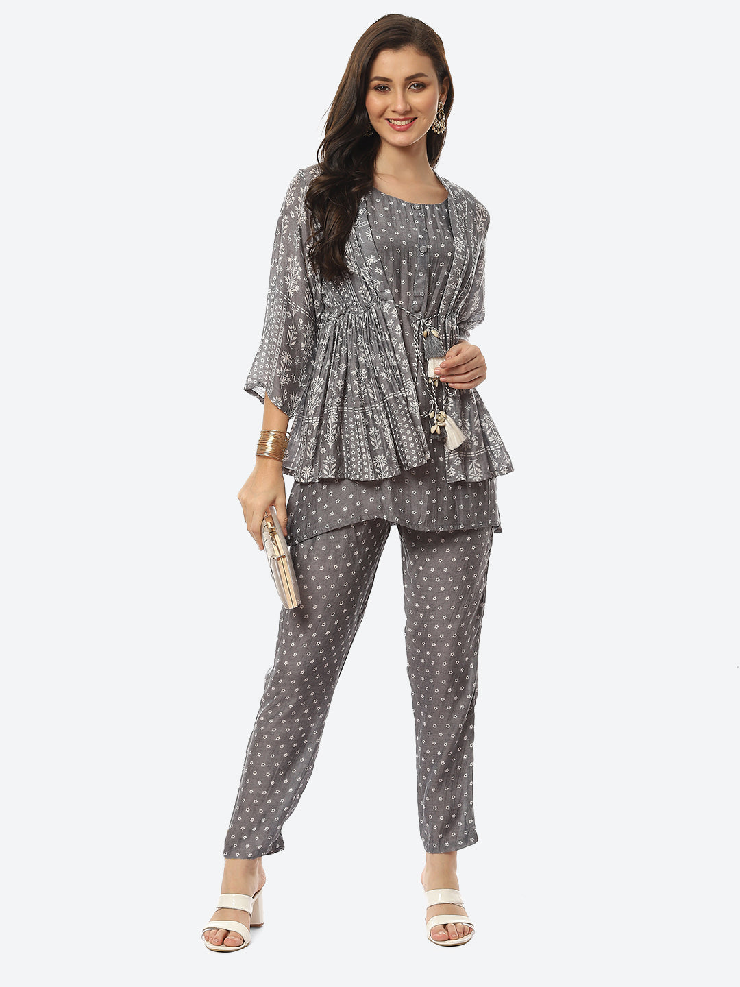 Floral Printed Muslin Kurti With Pant &amp; Jacket