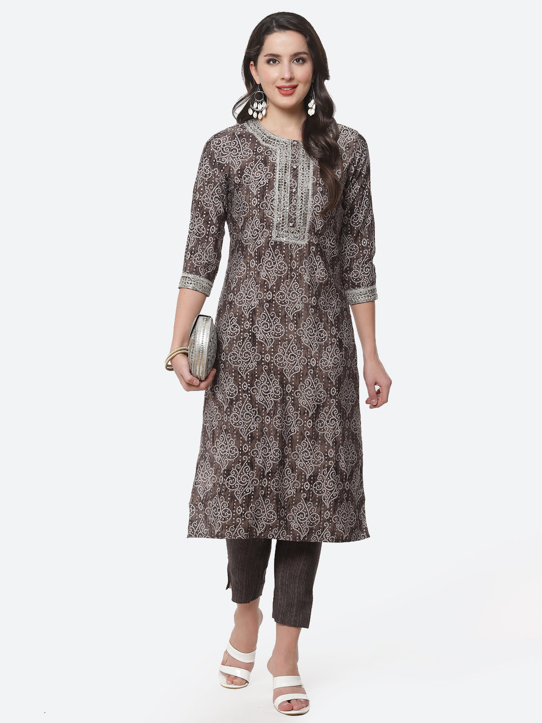 Bandhani Printed Zari Neck Cotton Kurti With Pant
