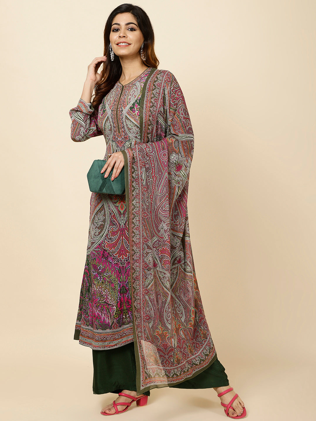 Digital Printed Crepe Kurta With Palazzo &amp; Dupatta