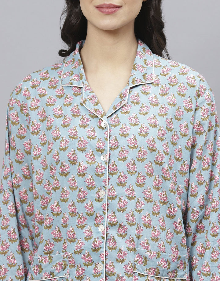 Sky Blue Cotton Printed Comfort Wear