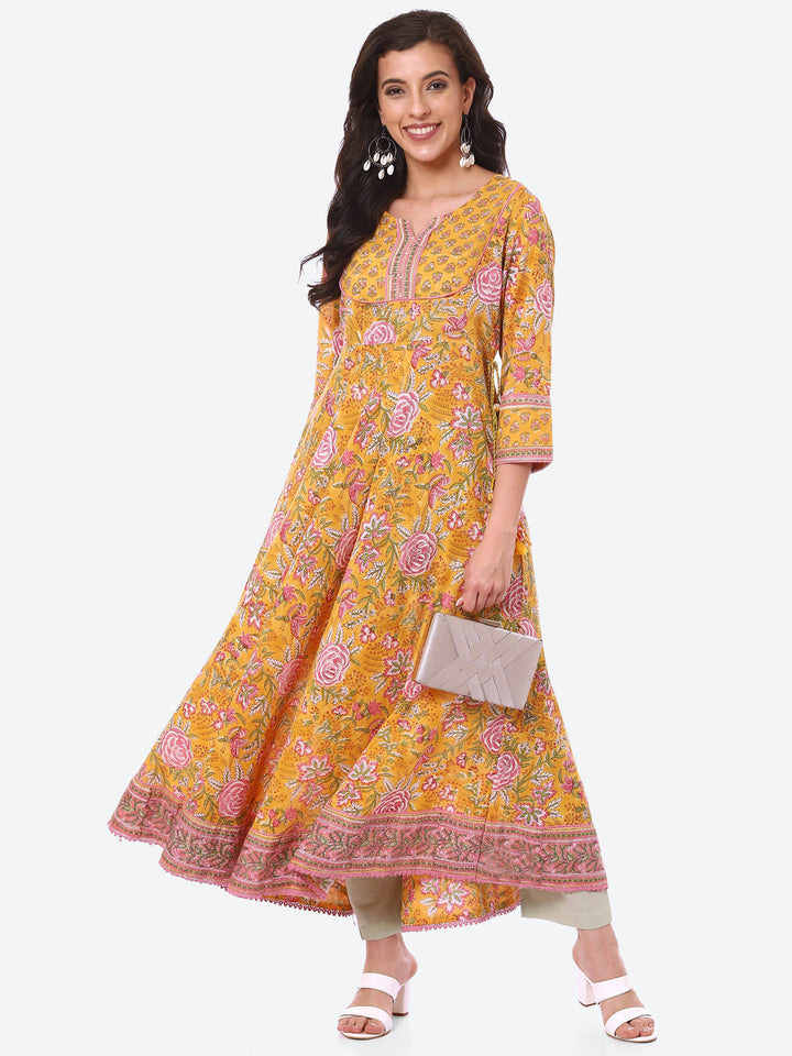 Sequin Work Yoke Floral Printed Cotton Anarkali Kurta