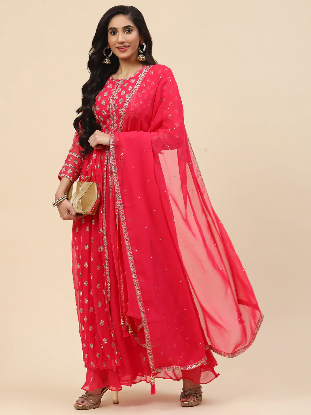 Sequin Embroidered Georgette Kurta With Sharara &amp; Dupatta