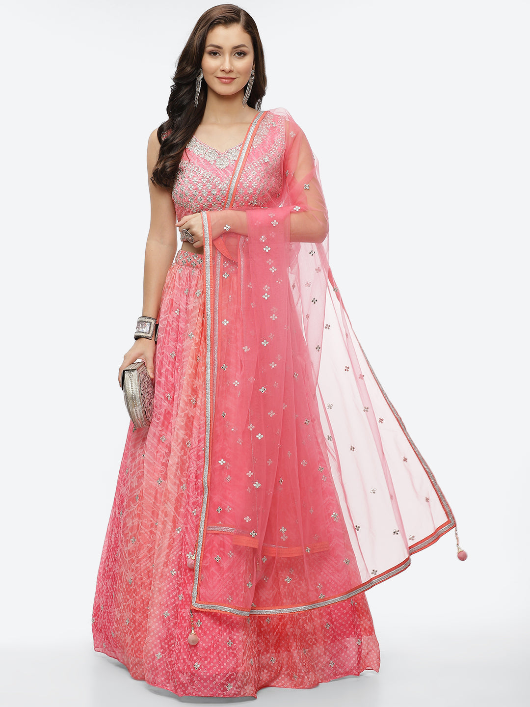Zari Booti Embroidered Crepe Choli With Lehenga &amp; Net Dupatta