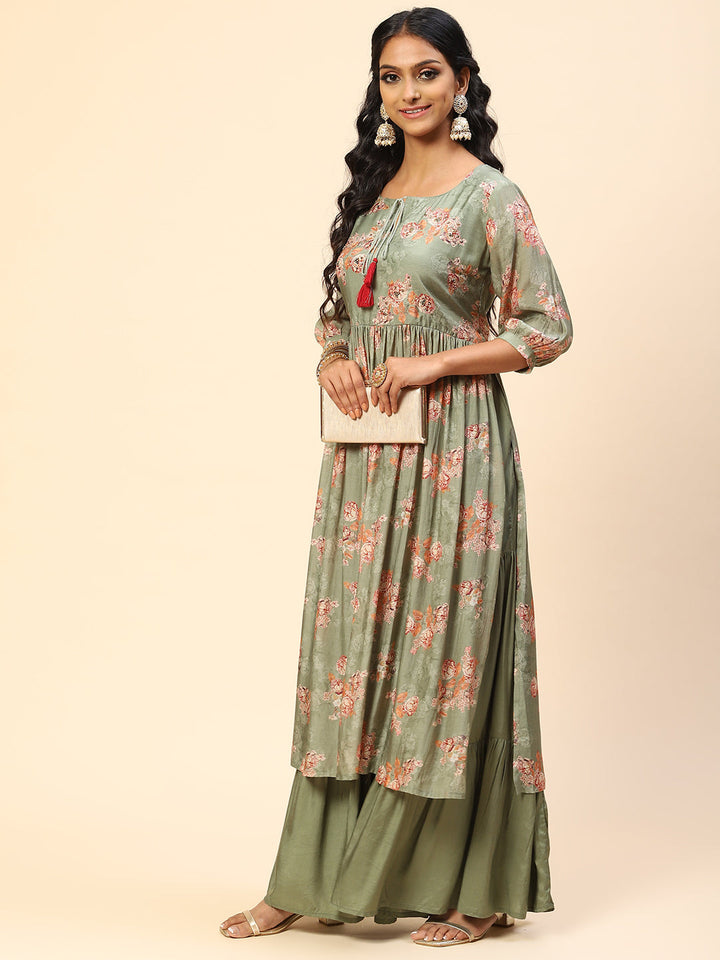 Floral Printed Muslin Kurta With Sharara