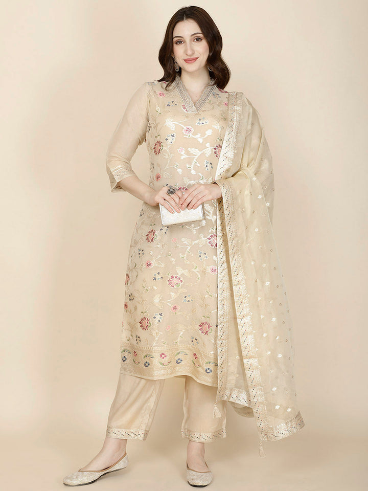 Floral Woven Tissue Kurta With Pants &amp; Dupatta