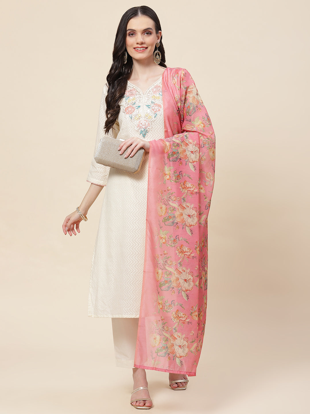 Neck Embroidered Cotton Kurta With Pants &amp; Dupatta