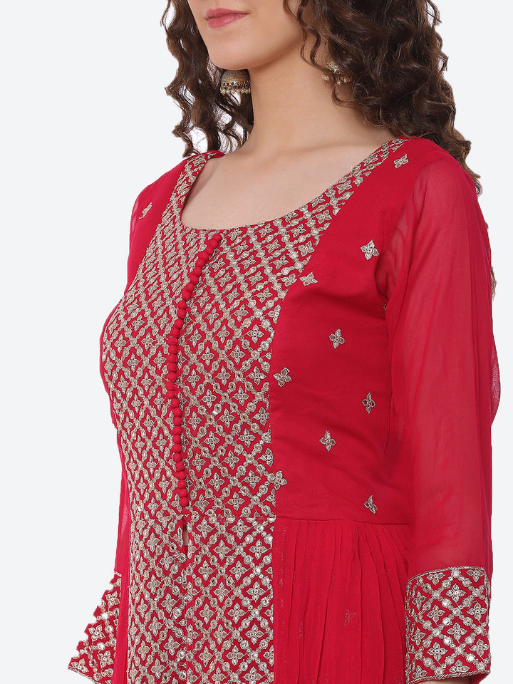 Zari Booti Neck Embroidered Georgette Kurta With Palazzo &amp; Dupatta