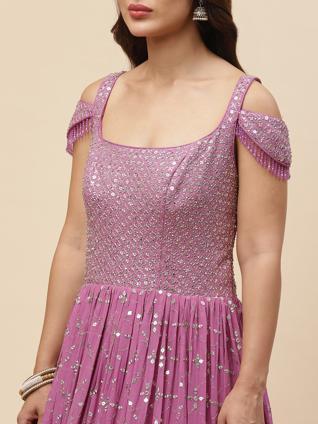 Sequin Embroidered Georgette Kurta With Churidar &amp; Dupatta
