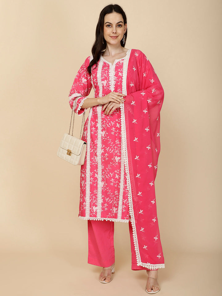 Printed &amp; Embroidery Cotton Suit Set With Dupatta