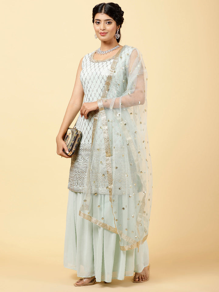 Sequin Georgette Kurta With Palazzo  &amp; Dupatta