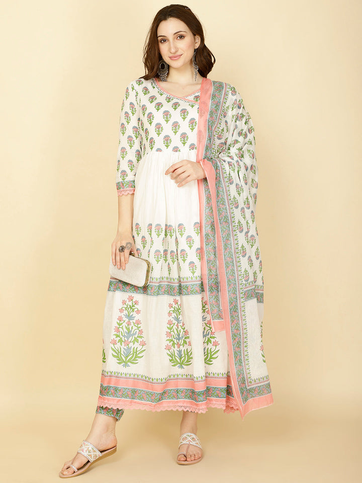 Floral Printed Cotton Kurta With Pants &amp; Dupatta