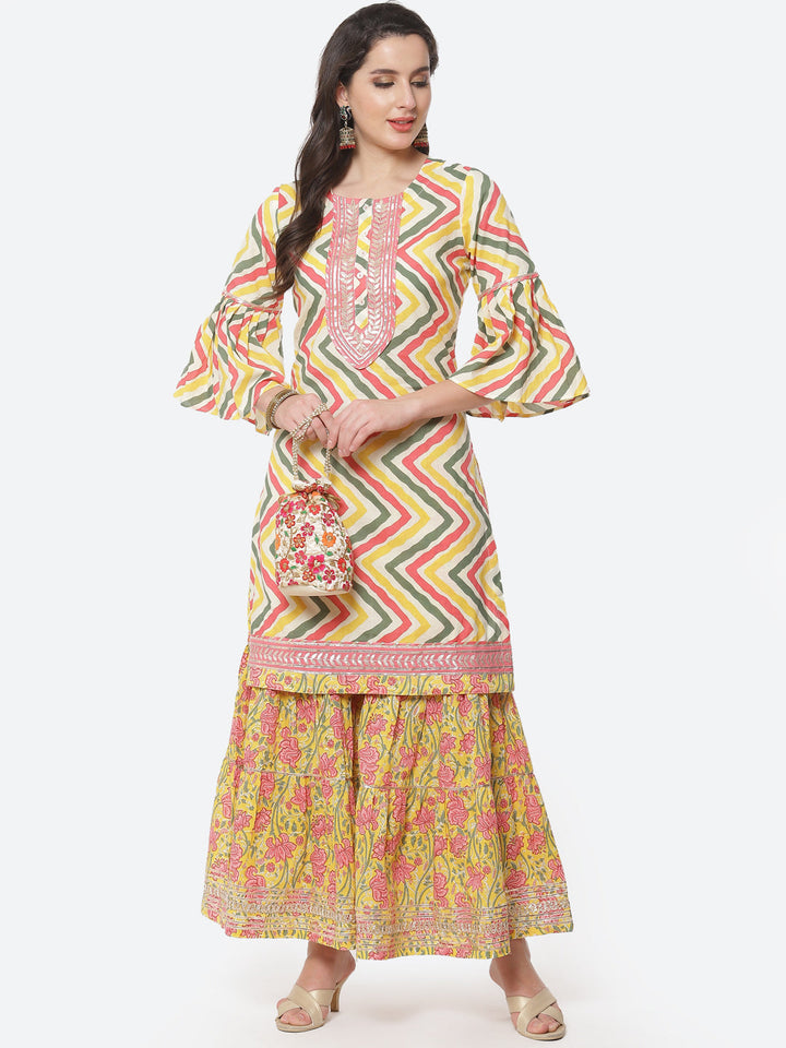 Leheriya Printed Gota Work Cotton Kurti With Sharara