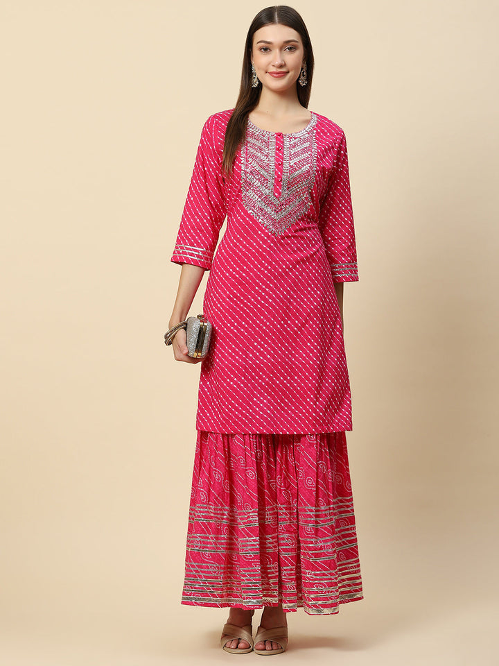 Leheriya Printed &amp; Embroidered Cotton Kurta With Sharara