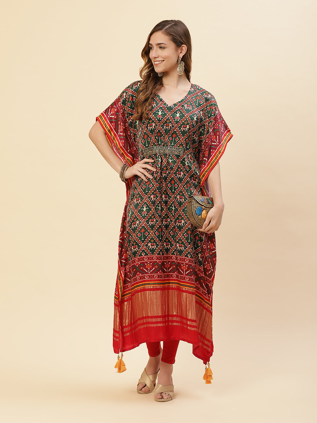 Printed Satin Green Colored Kaftan