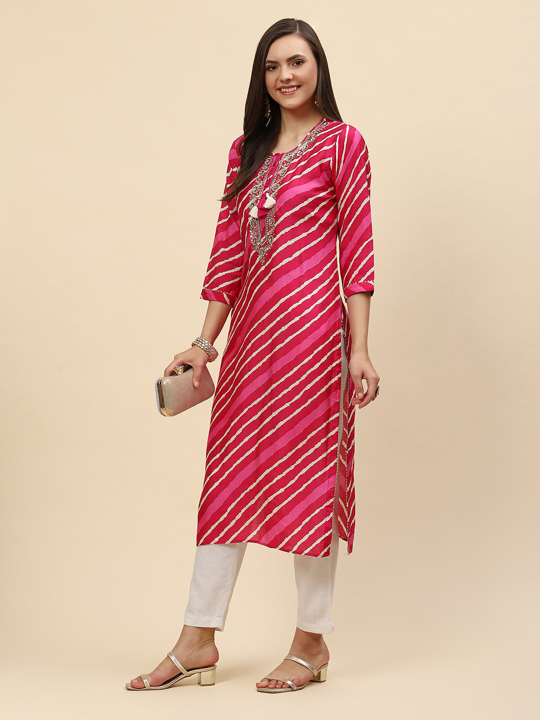 Neck Embroidered &amp; Printed Muslin Kurta