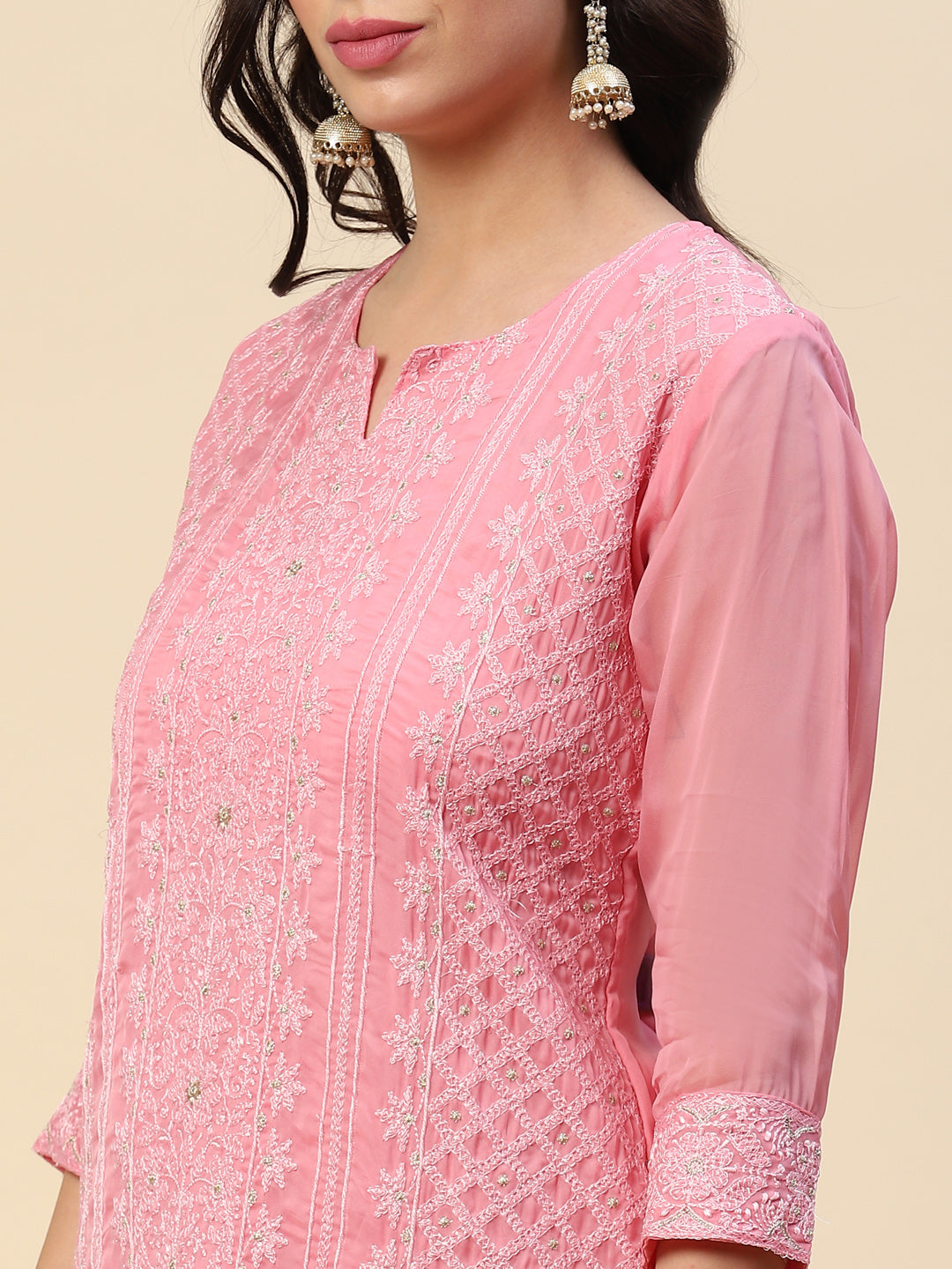 Resham Embroidered Booti Organza Kurta With Pants &amp; Dupatta
