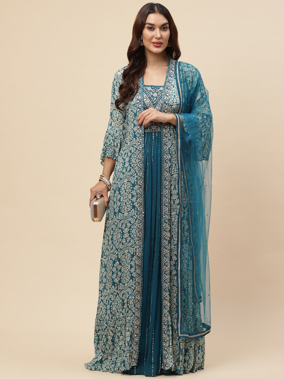 Neck Embroidered Georgette Gown With Jacket &amp; Dupatta