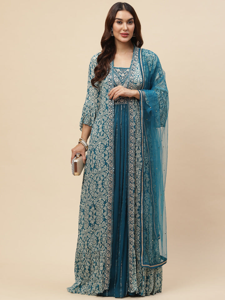 Neck Embroidered Georgette Gown With Jacket &amp; Dupatta