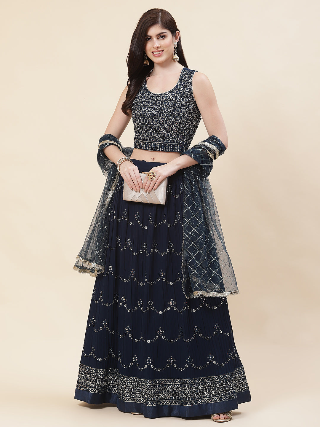 Embroidered Georgette Choli With Lehenga &amp; Dupatta