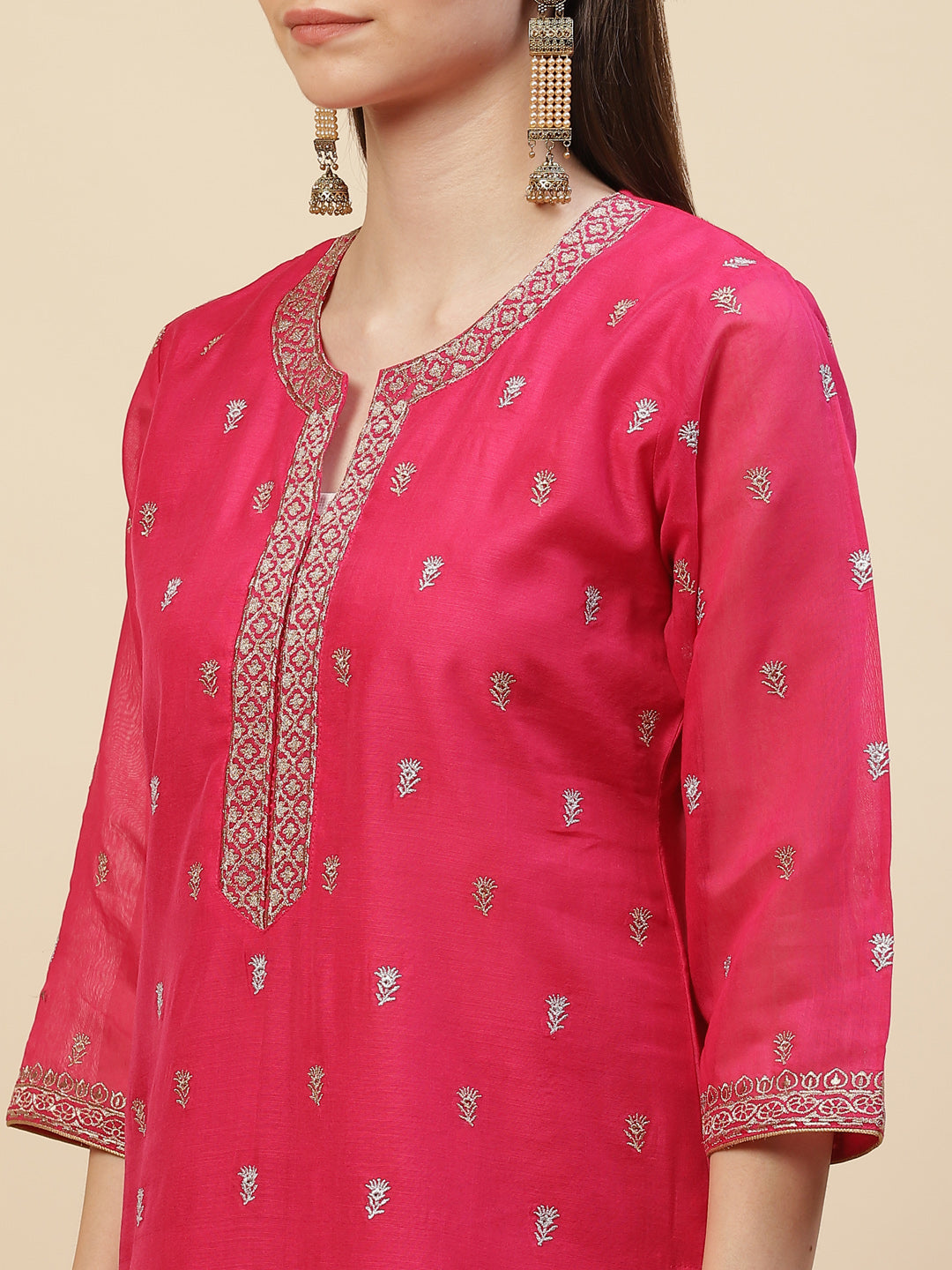Resham Booti Cotton Kurta With Pants &amp; Dupatta