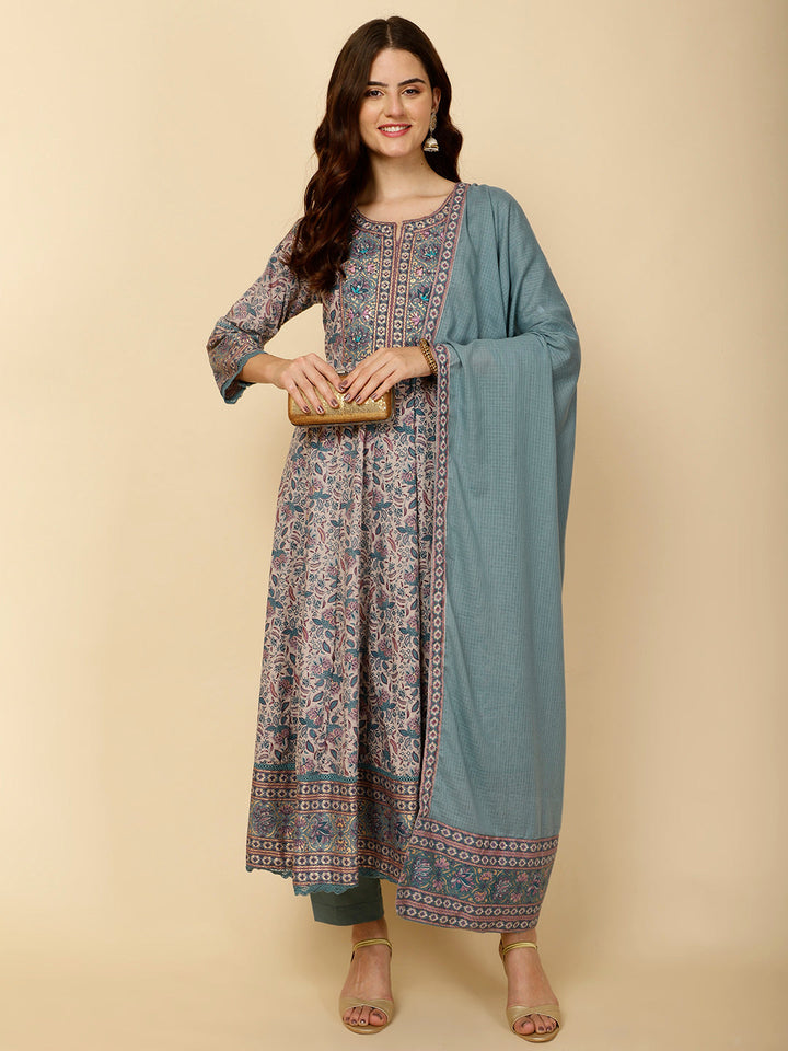 Floral Block Printed Anarkali Kurta With Pants &amp; Dupatta
