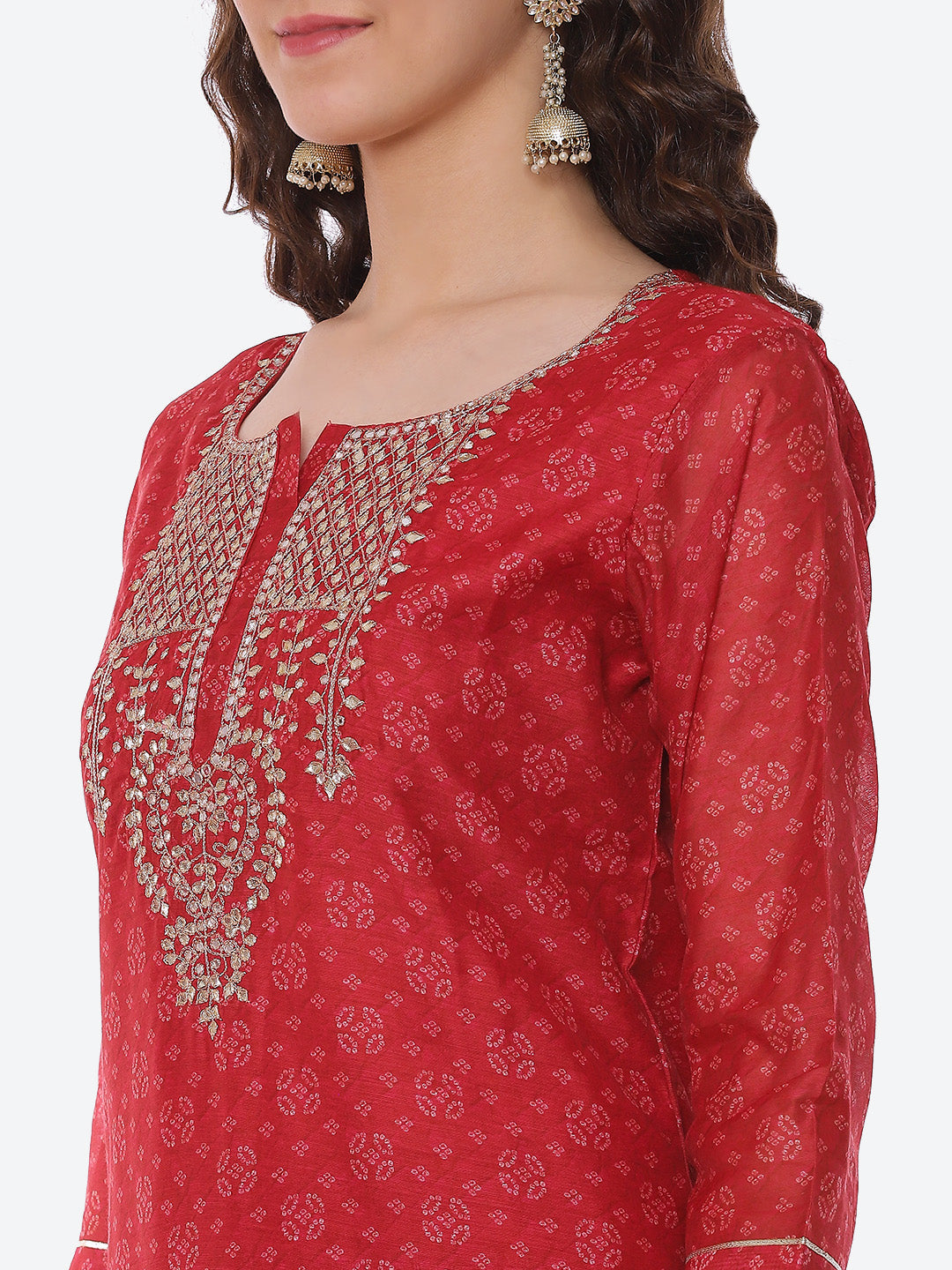 Gota Neck Booti Chanderi Kurta With Pant &amp; Dupatta